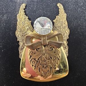 Vintage Jane Signed Angel Wing Brooch Gold Tone Crystal Rivoli Statement Pin